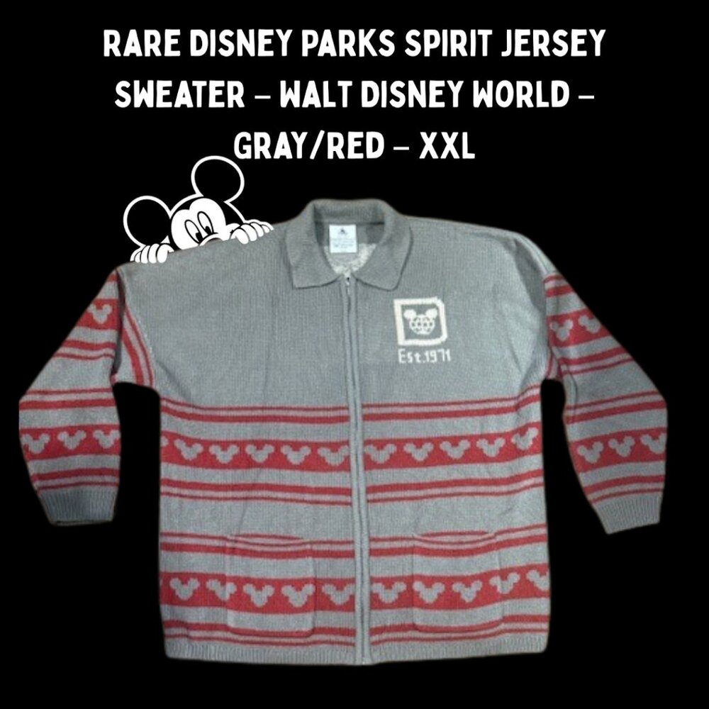 Rare Disney Parks Walt Disney World Knit Spirit Jersey Zip Sweater XXL Gray Red